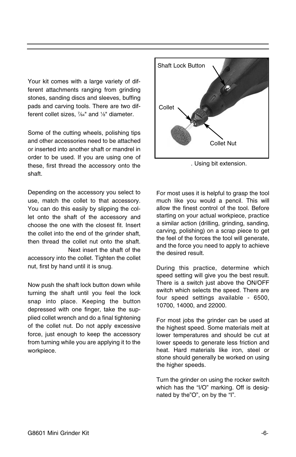 Operation, Inserting attachments | Grizzly MINI GRINDER KIT G8601 User Manual | Page 6 / 9