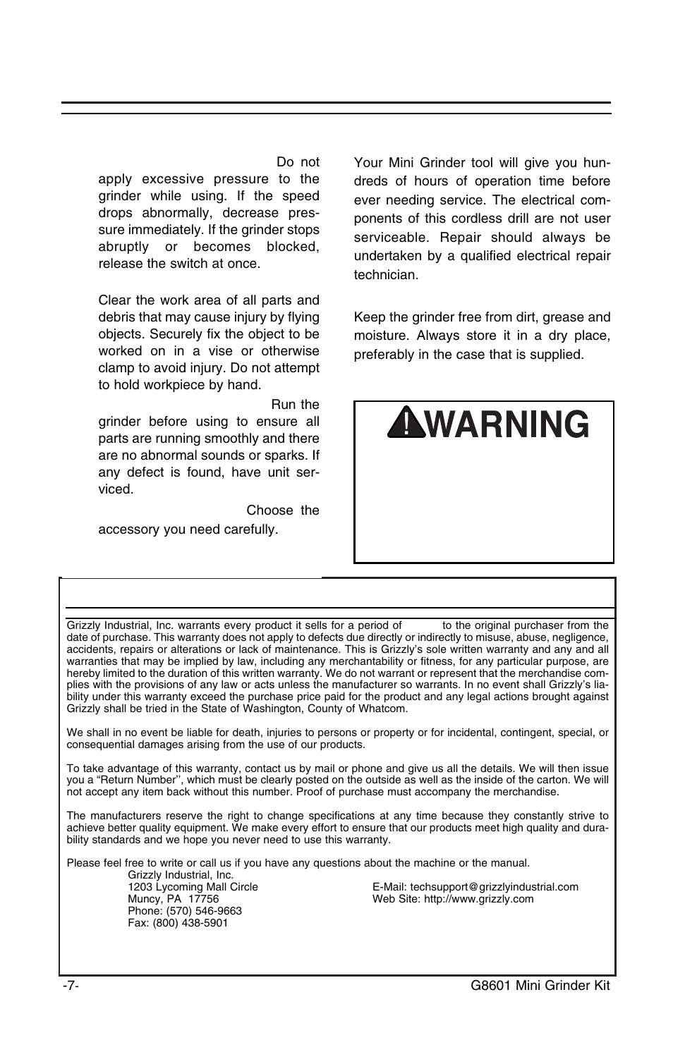 Operating tips and maintenance, Warranty and returns maintenance, Operating tips | Grizzly MINI GRINDER KIT G8601 User Manual | Page 7 / 9
