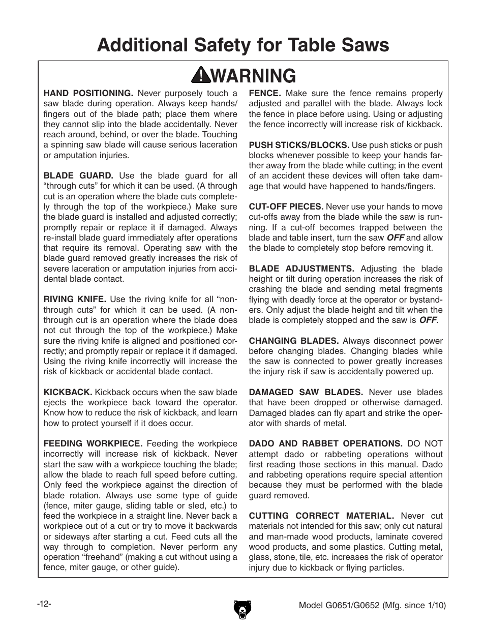 Additional safety for table saws | Grizzly G0651 User Manual | Page 14 / 104