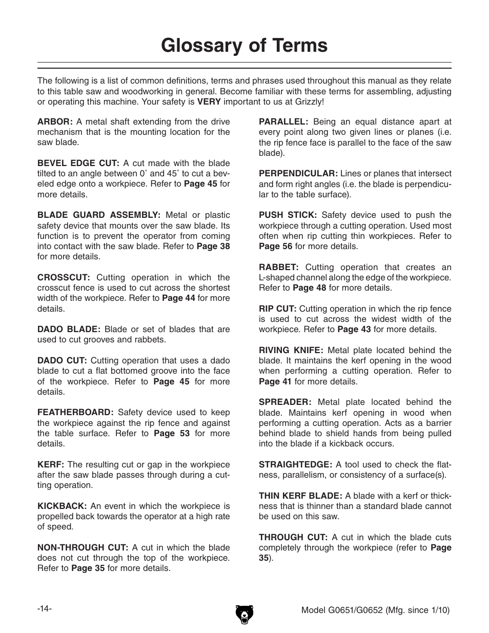 Glossary of terms | Grizzly G0651 User Manual | Page 16 / 104