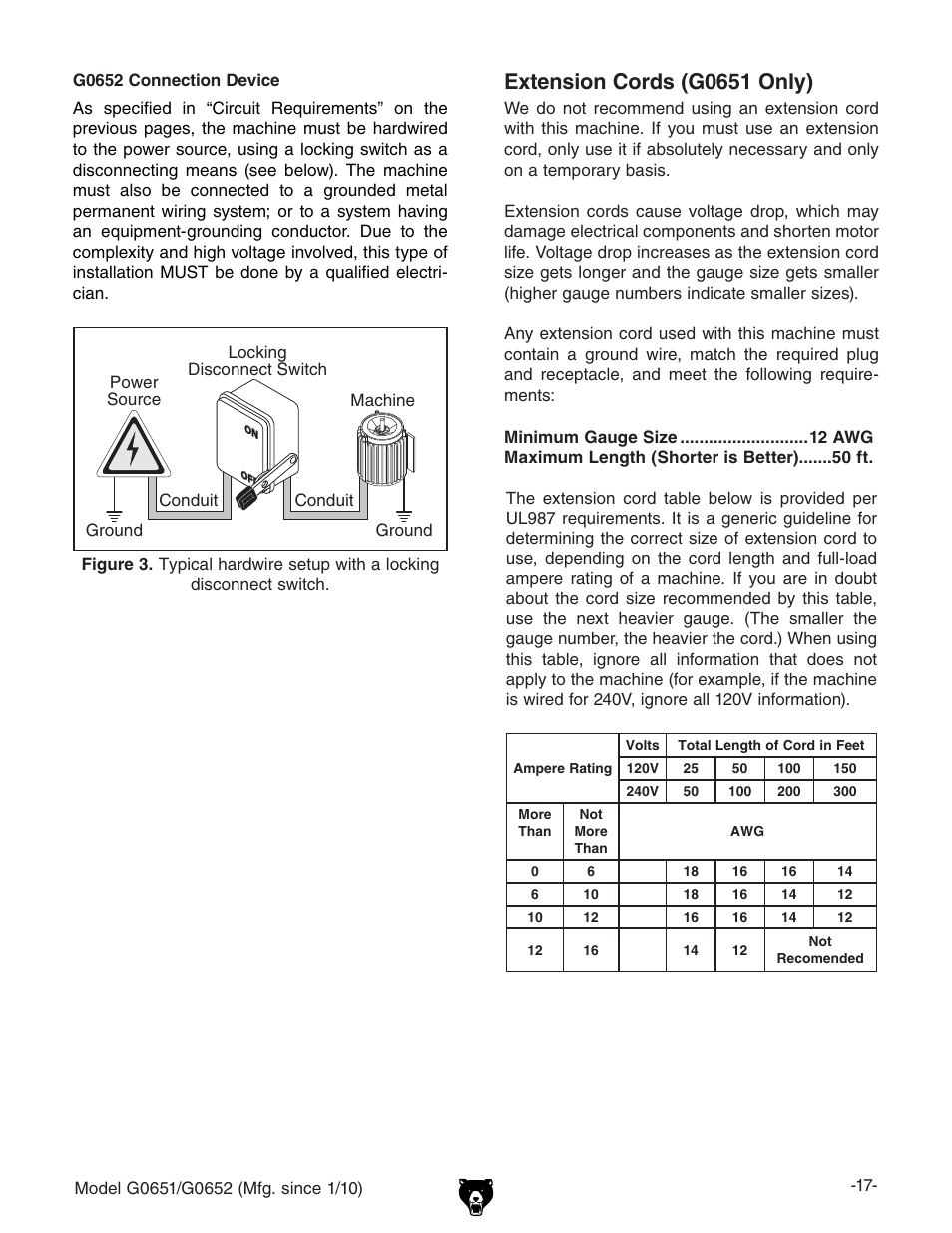 Extension cords (g0651 only) | Grizzly G0651 User Manual | Page 19 / 104