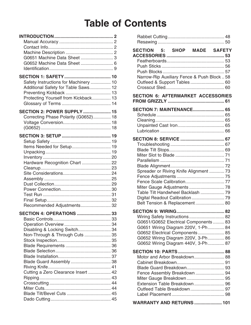 Grizzly G0651 User Manual | Page 3 / 104