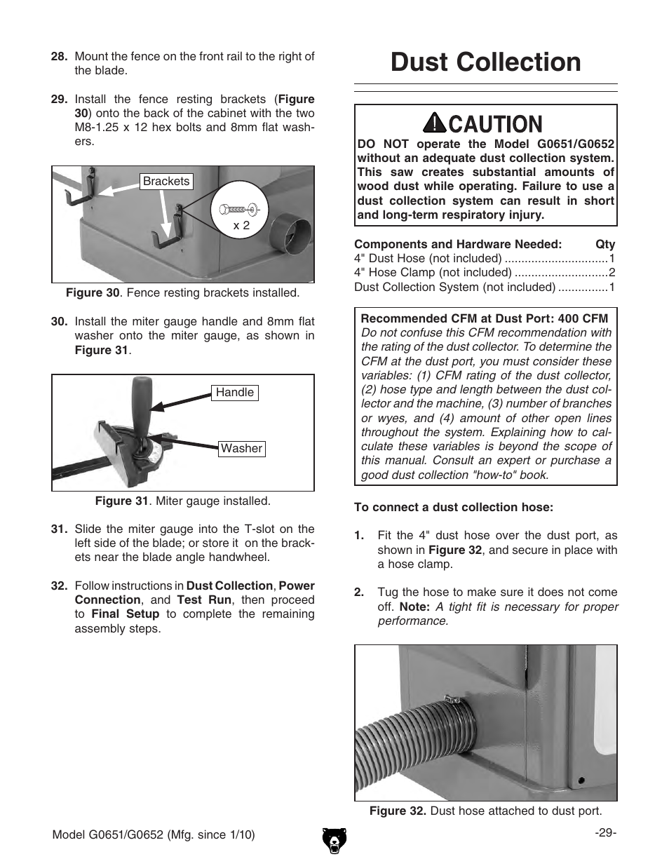 Dust collection | Grizzly G0651 User Manual | Page 31 / 104