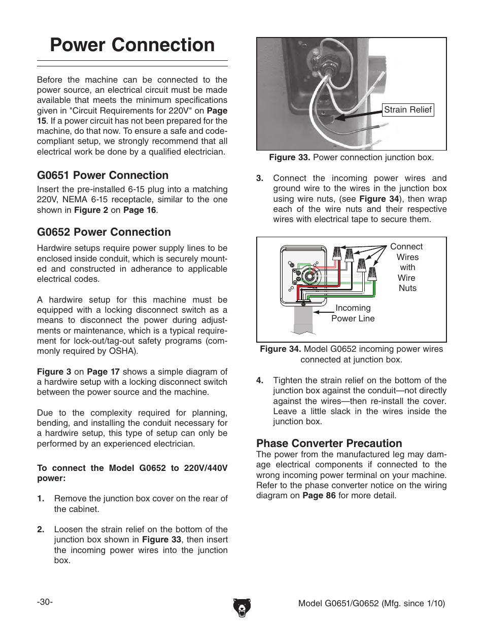 Power connection | Grizzly G0651 User Manual | Page 32 / 104