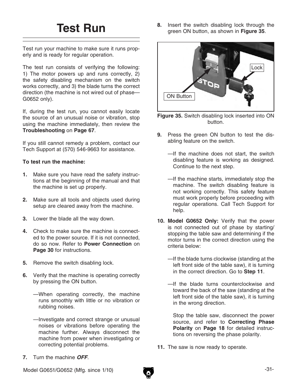 Test run | Grizzly G0651 User Manual | Page 33 / 104