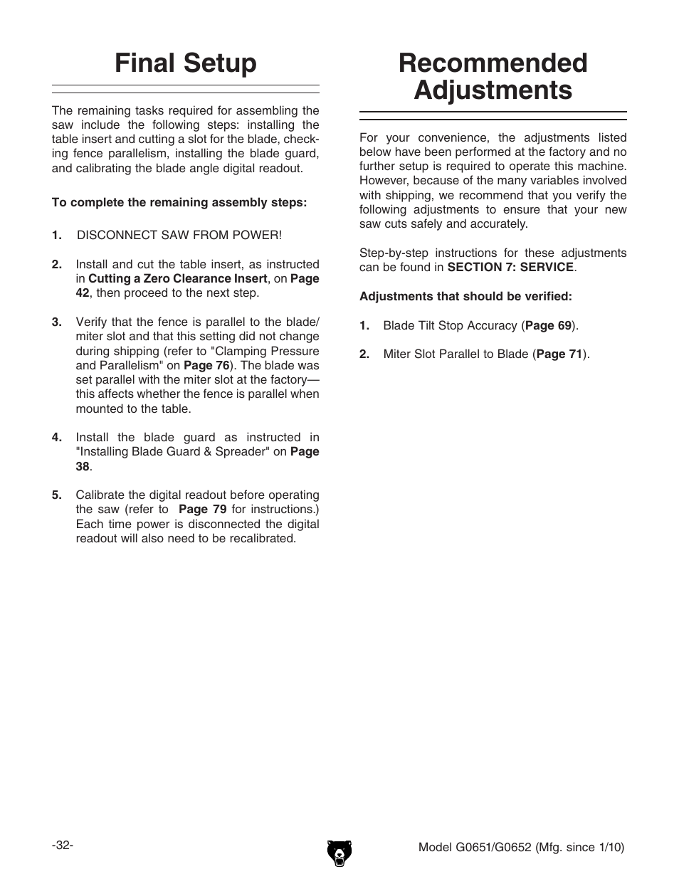 Recommended adjustments final setup | Grizzly G0651 User Manual | Page 34 / 104