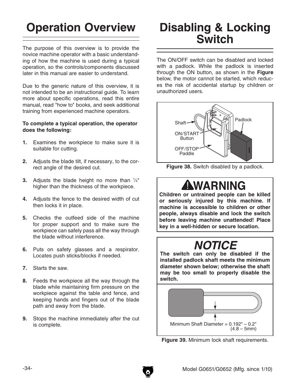 Disabling & locking switch, Notice, Operation overview | Grizzly G0651 User Manual | Page 36 / 104