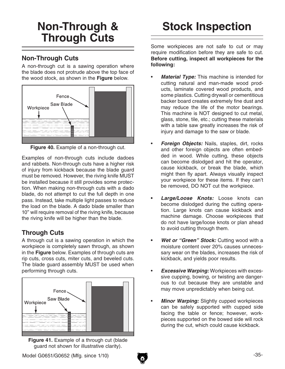 Non-through & through cuts, Stock inspection | Grizzly G0651 User Manual | Page 37 / 104
