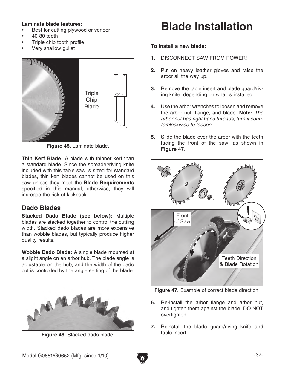 Blade installation | Grizzly G0651 User Manual | Page 39 / 104
