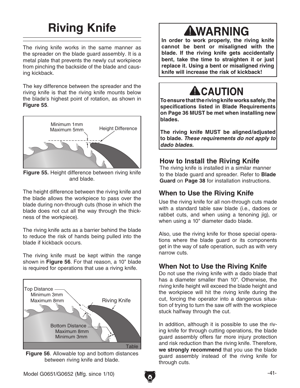 Riving knife, When to use the riving knife, How to install the riving knife | When not to use the riving knife | Grizzly G0651 User Manual | Page 43 / 104