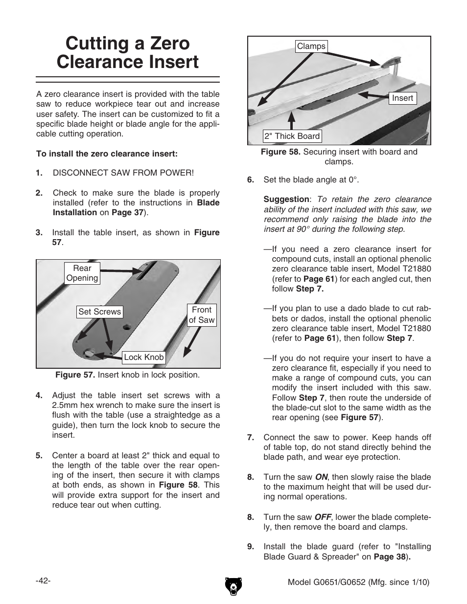 Cutting a zero clearance insert | Grizzly G0651 User Manual | Page 44 / 104