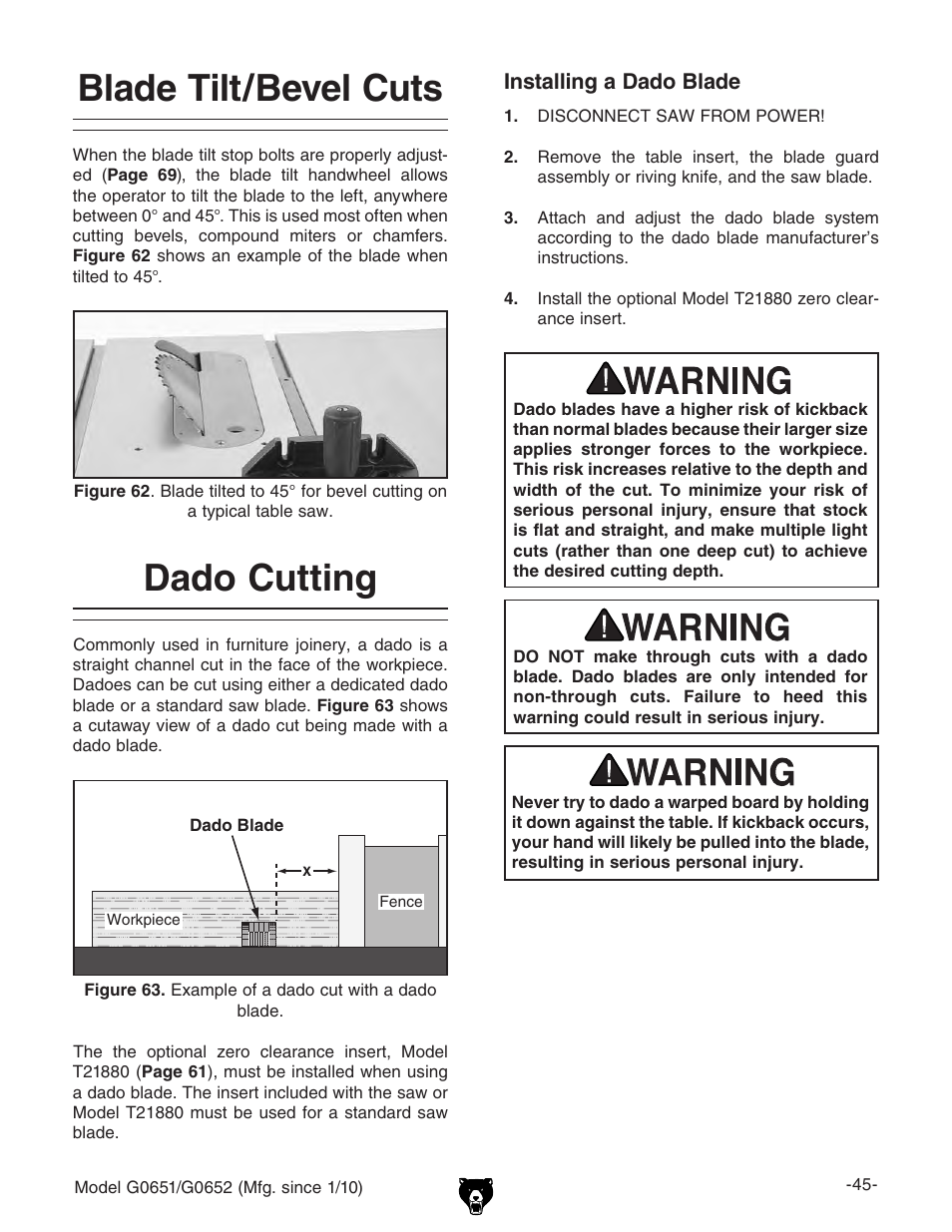 Blade tilt/bevel cuts, Dado cutting | Grizzly G0651 User Manual | Page 47 / 104