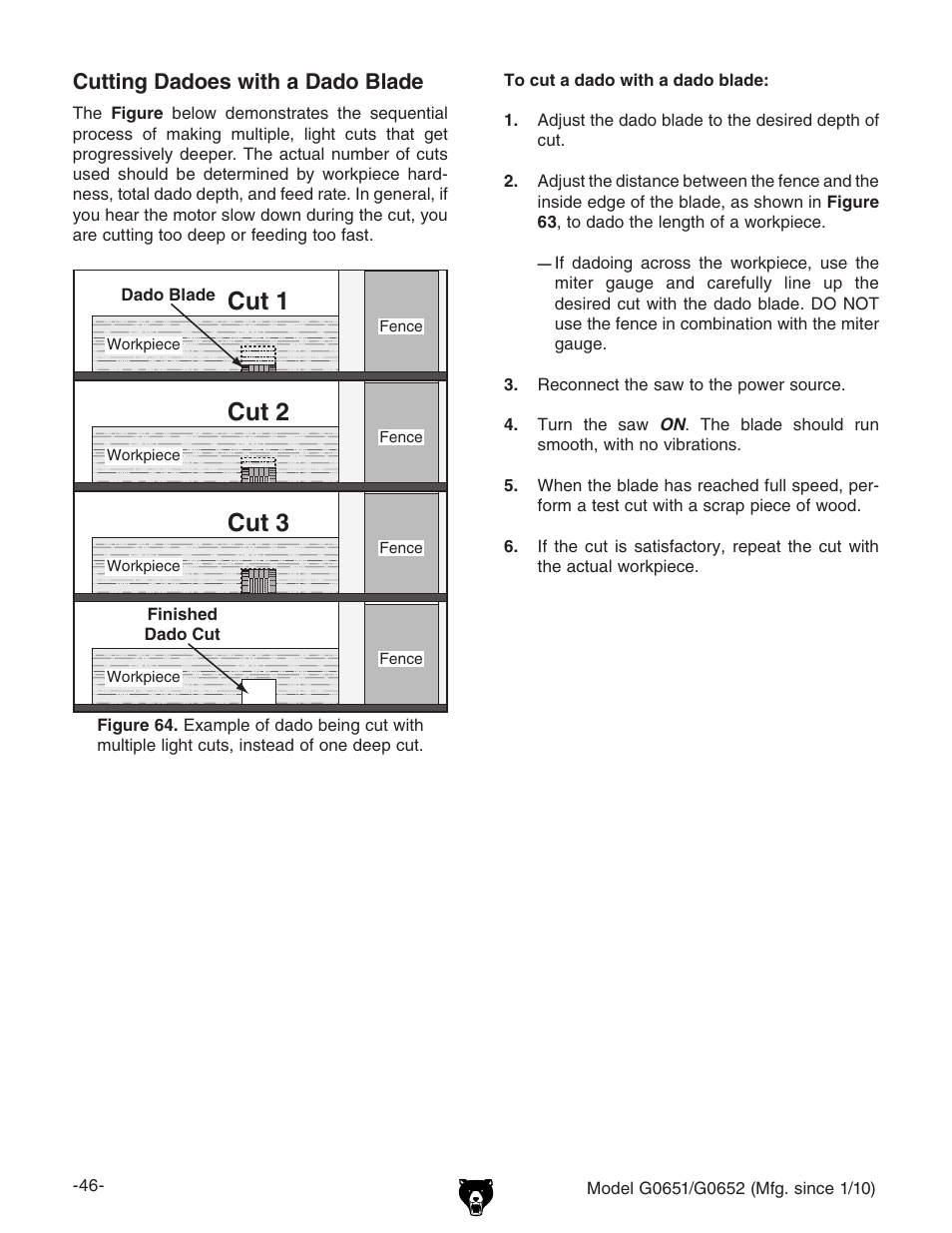 Cut 1, Cut 2, Cut 3 | Cutting dadoes with a dado blade | Grizzly G0651 User Manual | Page 48 / 104