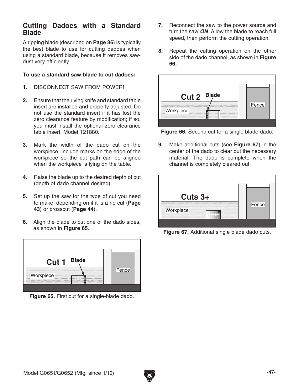 Cut 1, Cut 2, Cuts 3 | Cutting dadoes with a standard blade | Grizzly G0651 User Manual | Page 49 / 104