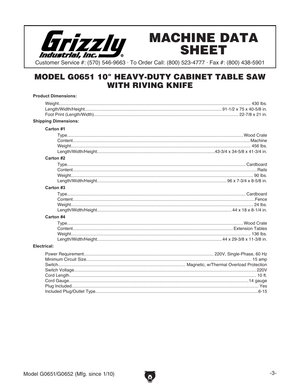 Machine data sheet | Grizzly G0651 User Manual | Page 5 / 104