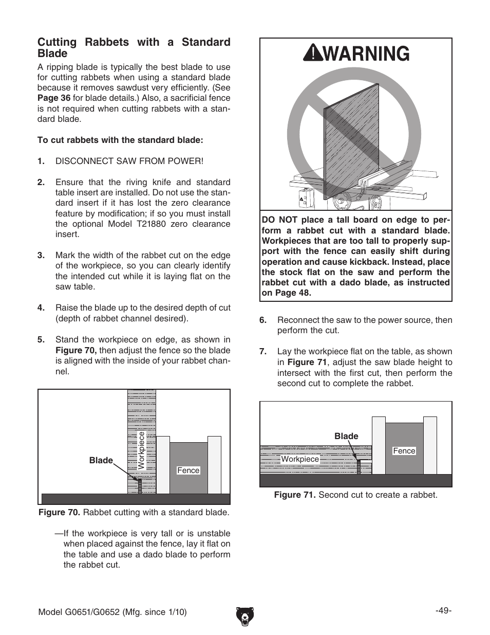 Cutting rabbets with a standard blade | Grizzly G0651 User Manual | Page 51 / 104