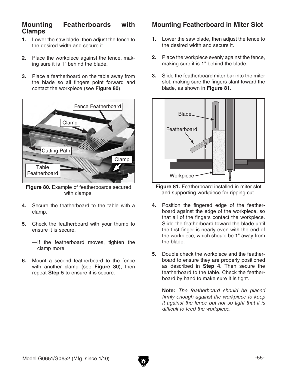 Mounting featherboard in miter slot, Mounting featherboards with clamps | Grizzly G0651 User Manual | Page 57 / 104