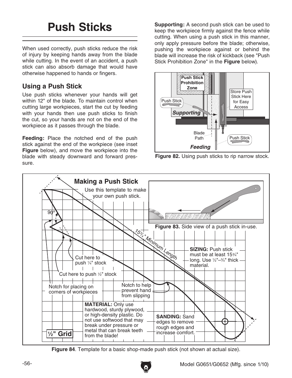 Push sticks, Using a push stick, Grid | Making a push stick | Grizzly G0651 User Manual | Page 58 / 104