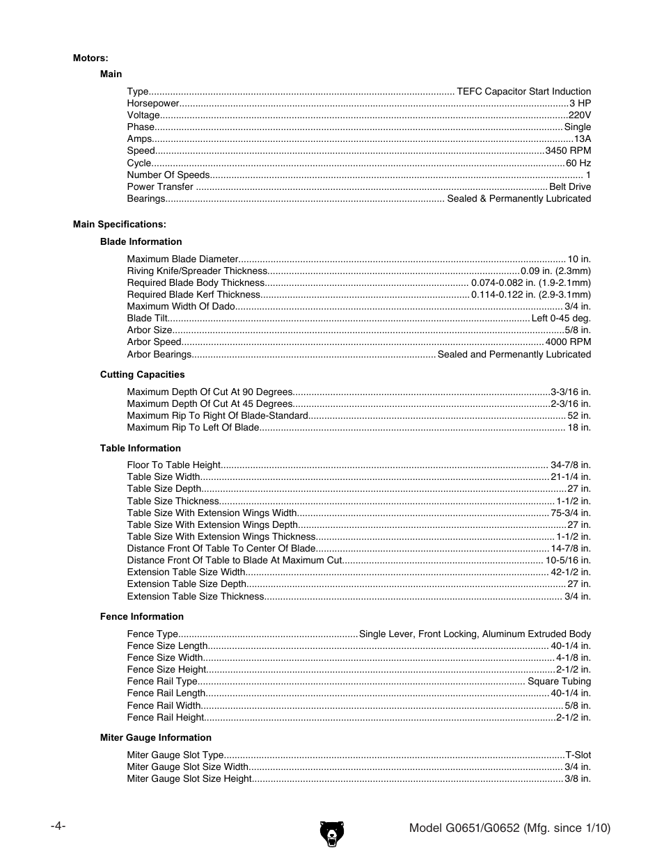 Grizzly G0651 User Manual | Page 6 / 104