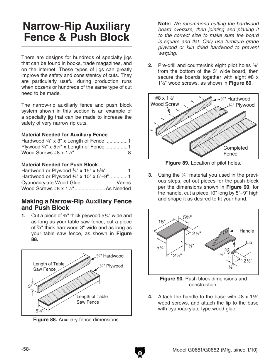 Narrow-rip auxiliary fence & push block, Making a narrow-rip auxiliary fence and push block | Grizzly G0651 User Manual | Page 60 / 104