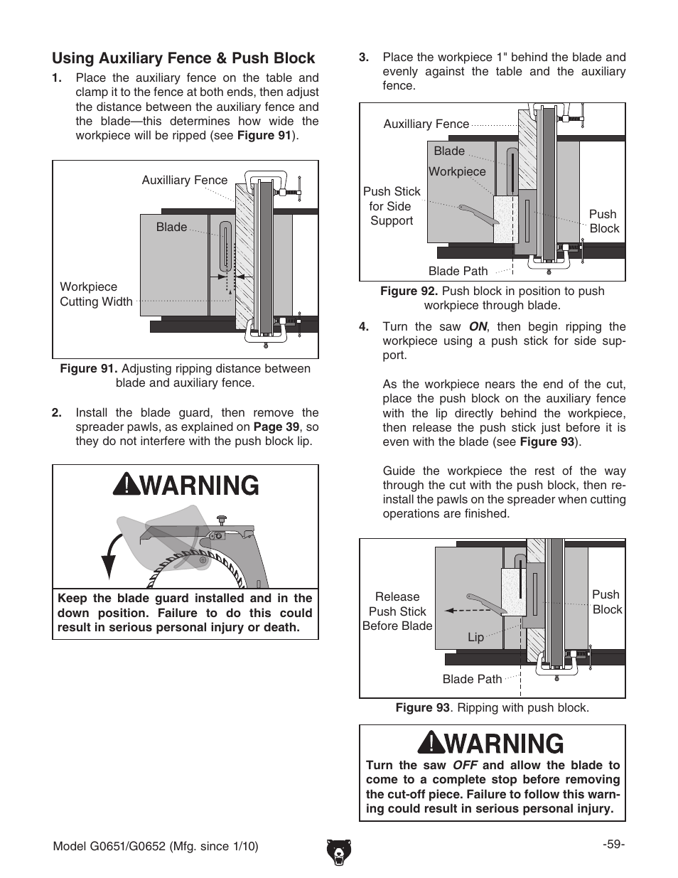 Using auxiliary fence & push block | Grizzly G0651 User Manual | Page 61 / 104
