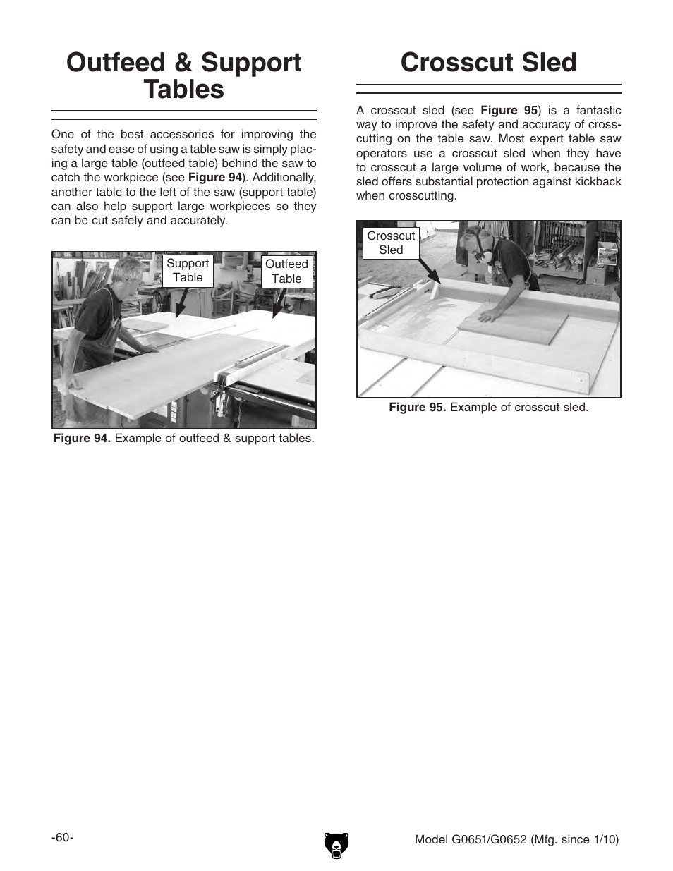 Crosscut sled, Outfeed & support tables | Grizzly G0651 User Manual | Page 62 / 104