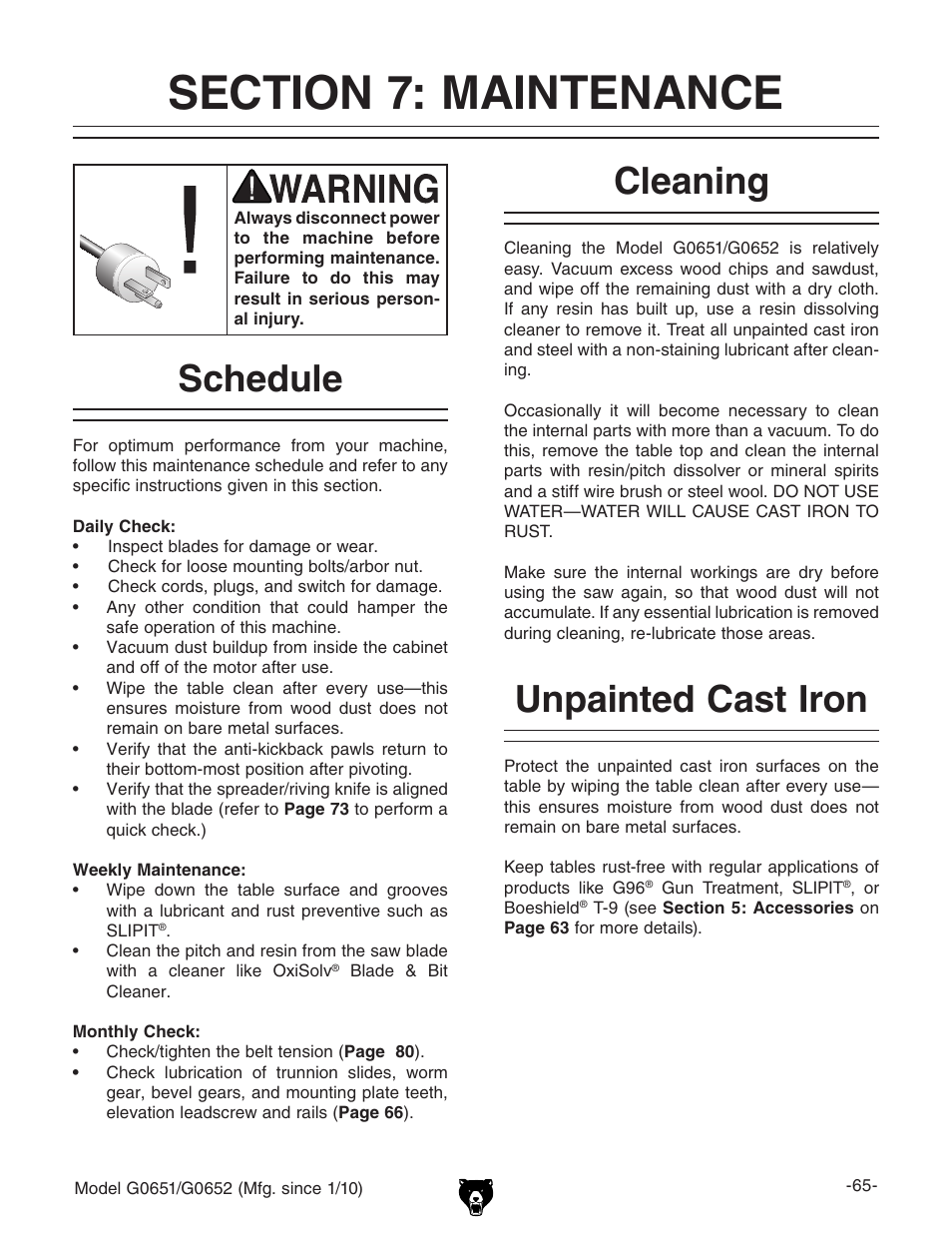 Schedule, Cleaning, Unpainted cast iron | Grizzly G0651 User Manual | Page 67 / 104