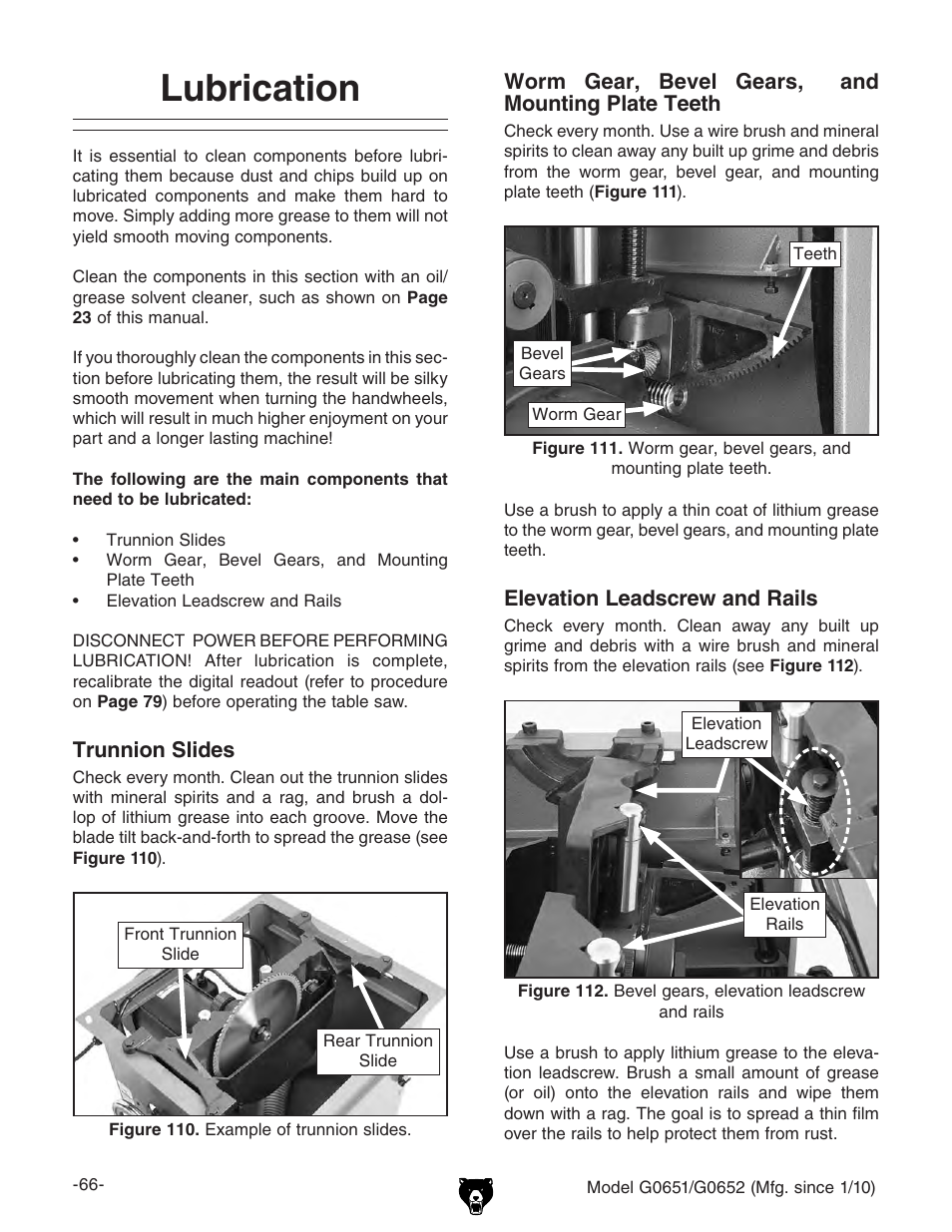 Lubrication | Grizzly G0651 User Manual | Page 68 / 104