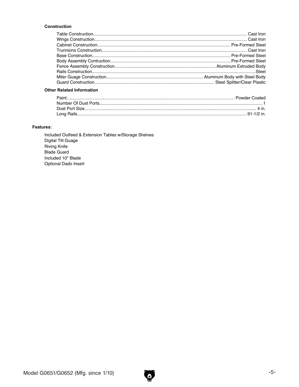 Grizzly G0651 User Manual | Page 7 / 104