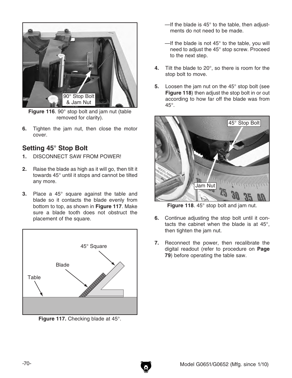 Setting 45° stop bolt | Grizzly G0651 User Manual | Page 72 / 104