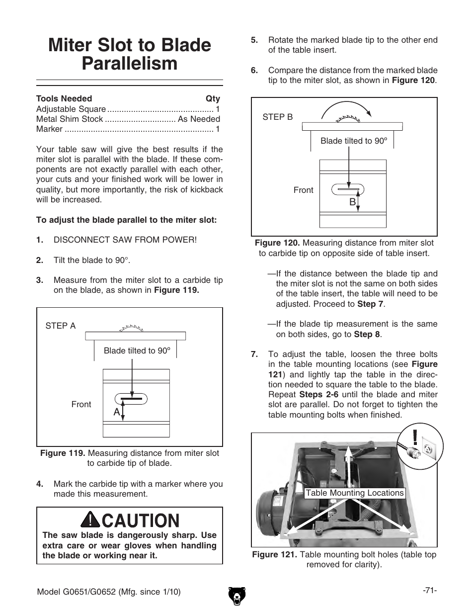 Miter slot to blade parallelism | Grizzly G0651 User Manual | Page 73 / 104