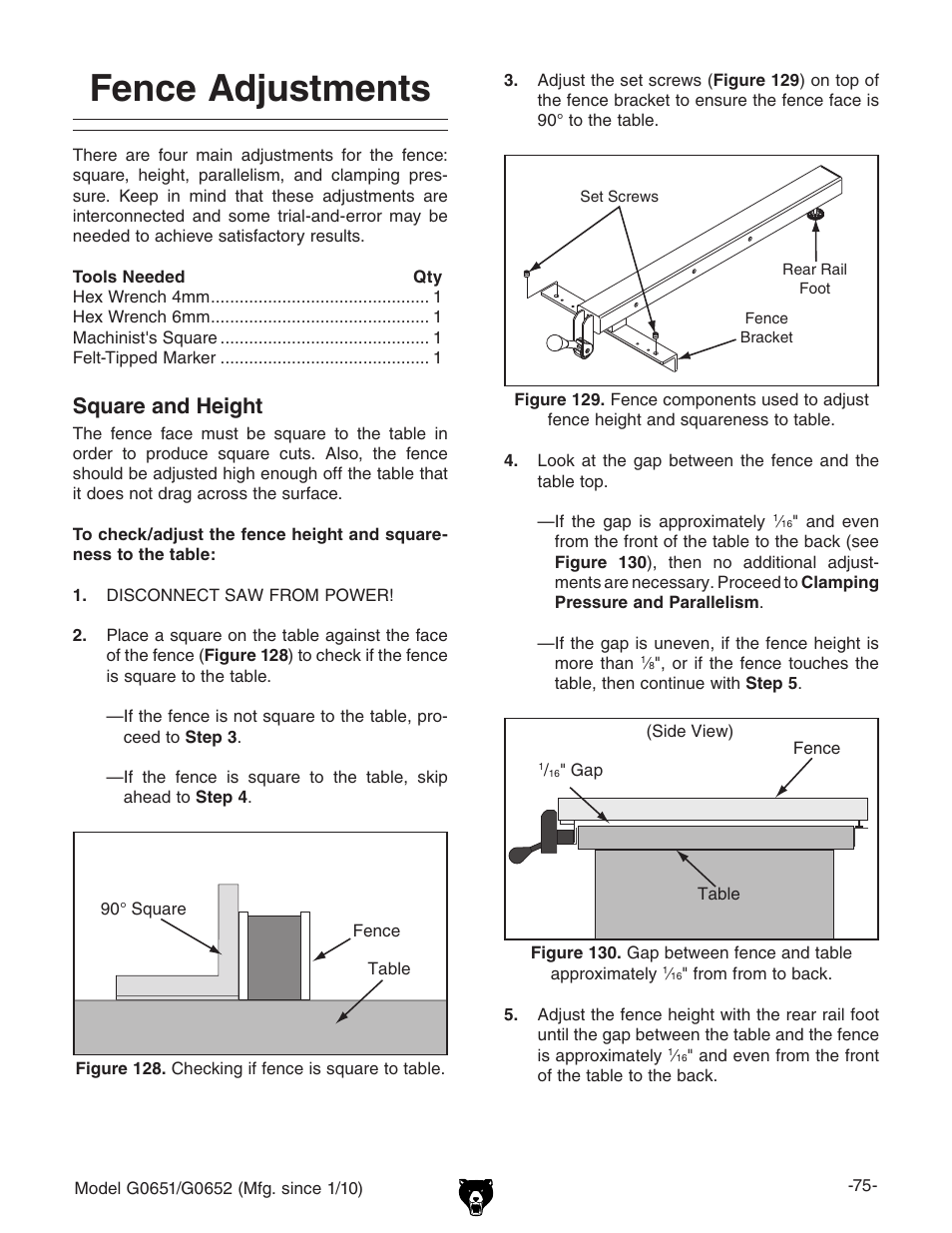 Fence adjustments, Square and height | Grizzly G0651 User Manual | Page 77 / 104