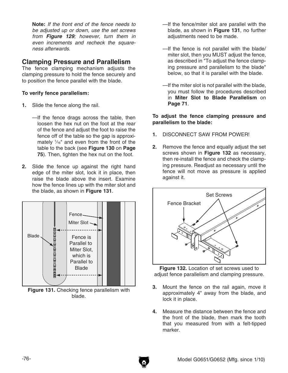 Clamping pressure and parallelism | Grizzly G0651 User Manual | Page 78 / 104
