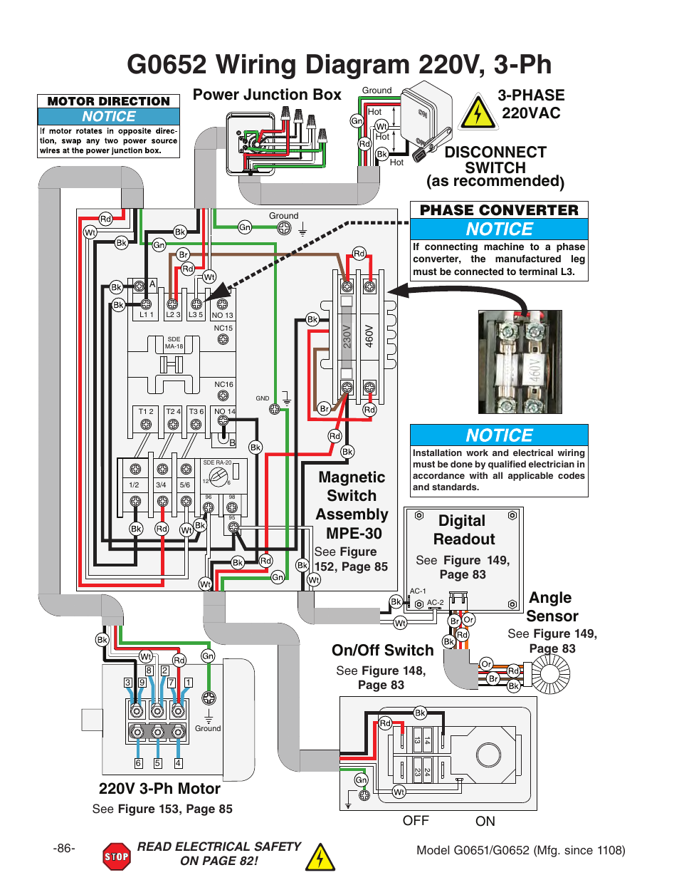 220v 3-ph motor, Disconnect switch (as recommended) 3-phase 220vac, Phase converter | D;; dc | Grizzly G0651 User Manual | Page 88 / 104