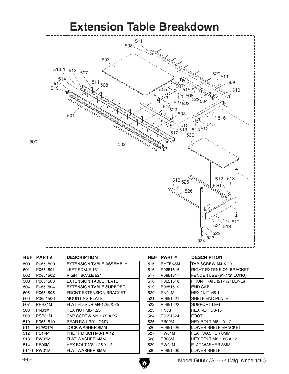 Extension table breakdown | Grizzly G0651 User Manual | Page 98 / 104