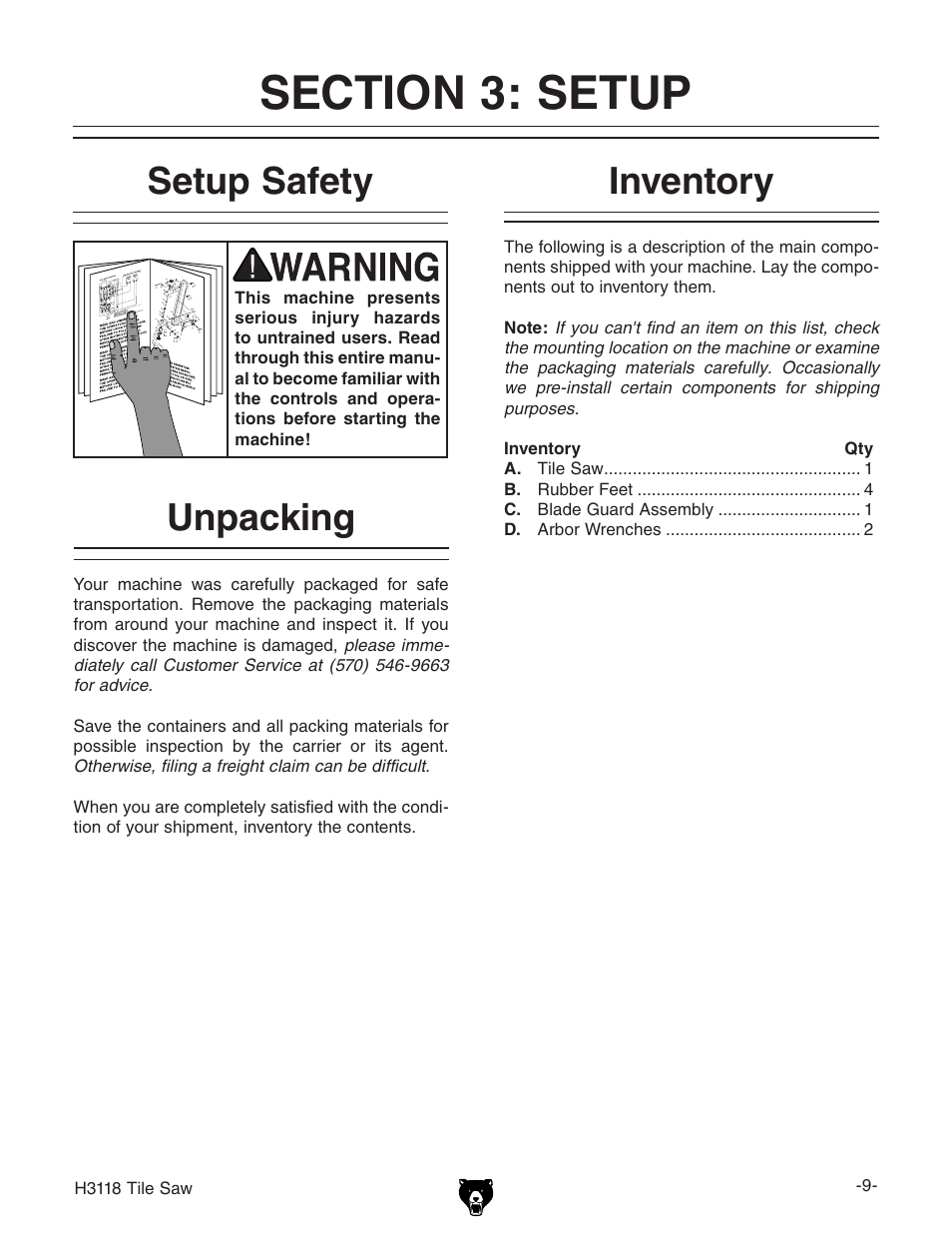 Setup safety, Unpacking inventory | Grizzly H3118 User Manual | Page 11 / 26