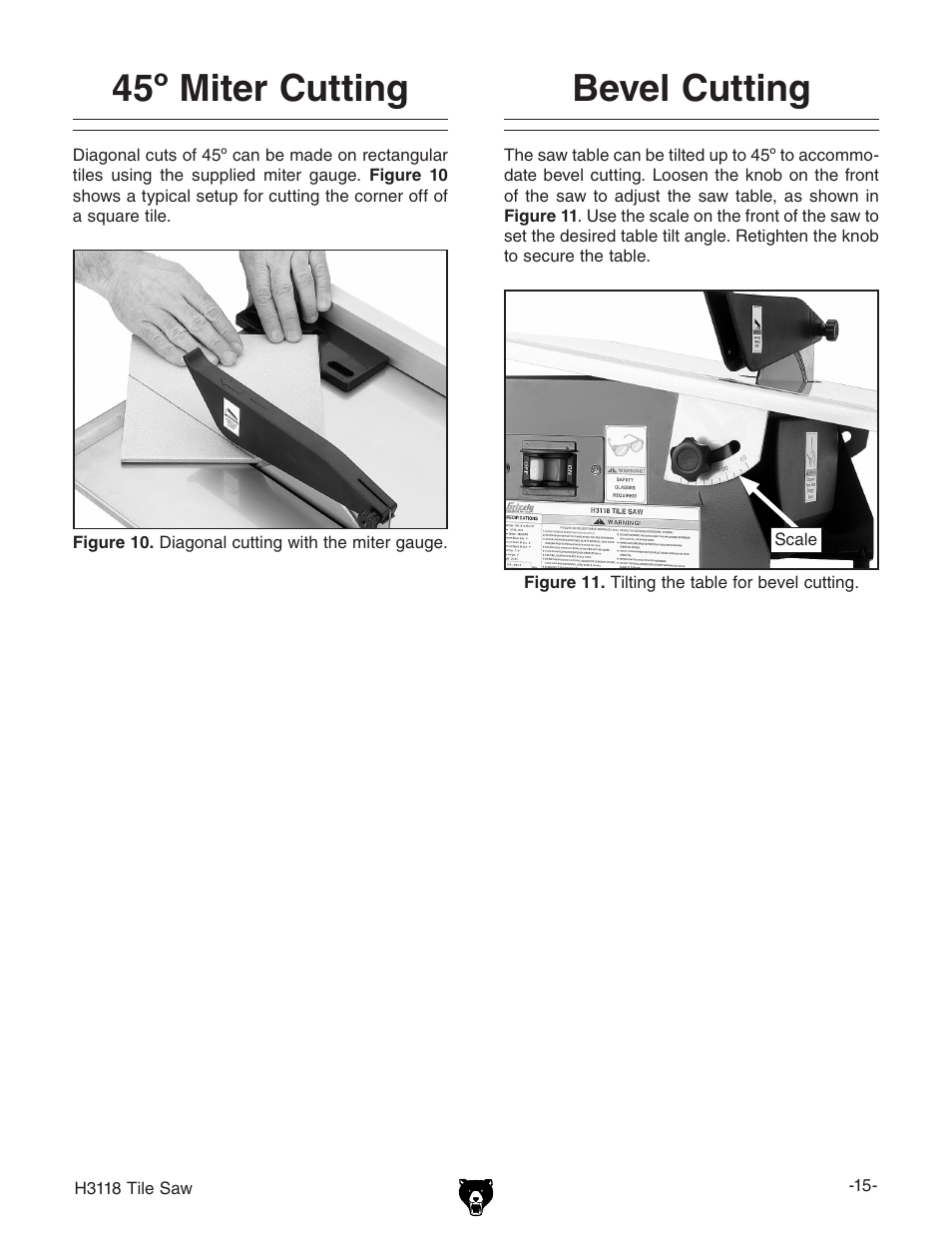 45º miter cutting, Bevel cutting | Grizzly H3118 User Manual | Page 17 / 26