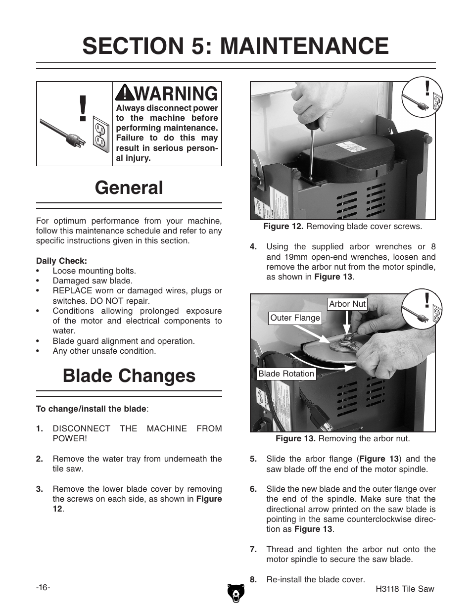 General, Blade changes | Grizzly H3118 User Manual | Page 18 / 26