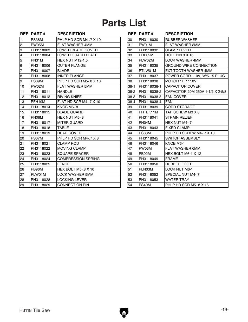 Parts list | Grizzly H3118 User Manual | Page 21 / 26