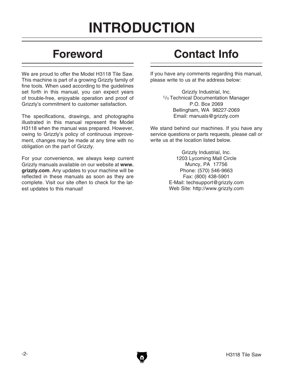 Introduction, Foreword, Contact info | Grizzly H3118 User Manual | Page 4 / 26