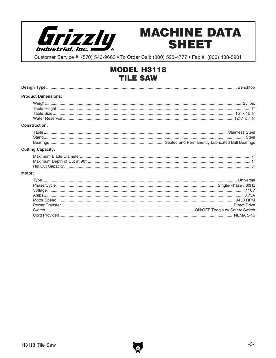 Machine data sheet, Model h3118 tile saw | Grizzly H3118 User Manual | Page 5 / 26