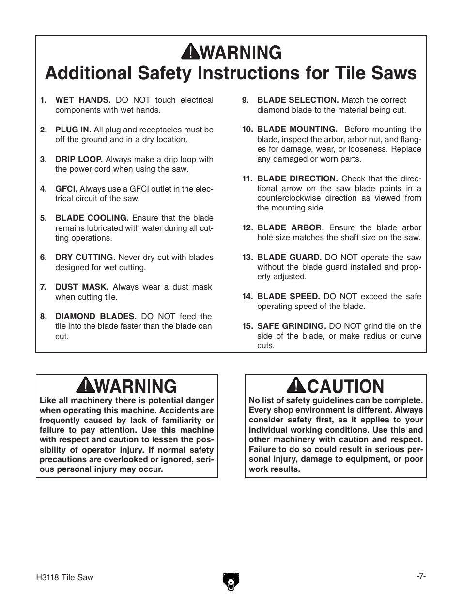 Additional safety instructions for tile saws | Grizzly H3118 User Manual | Page 9 / 26