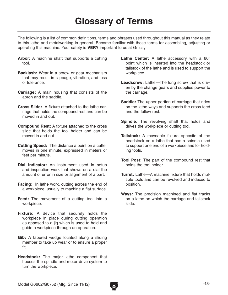 Glossary of terms | Grizzly 10" x 22" Benchtop Lathe G0602 User Manual | Page 15 / 96