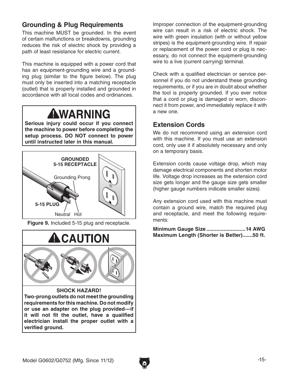 Extension cords, Grounding & plug requirements | Grizzly 10" x 22" Benchtop Lathe G0602 User Manual | Page 17 / 96