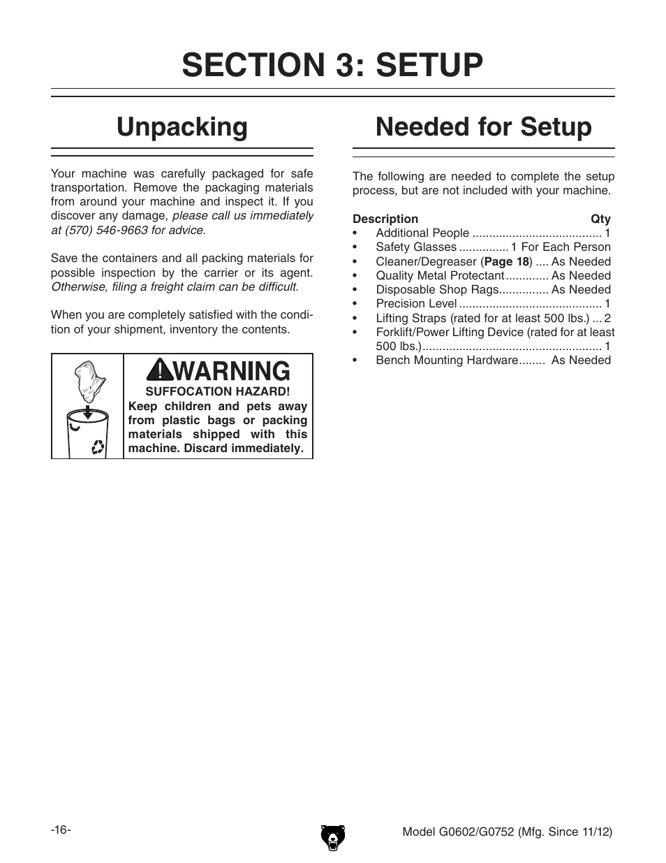 Unpacking, Needed for setup | Grizzly 10" x 22" Benchtop Lathe G0602 User Manual | Page 18 / 96