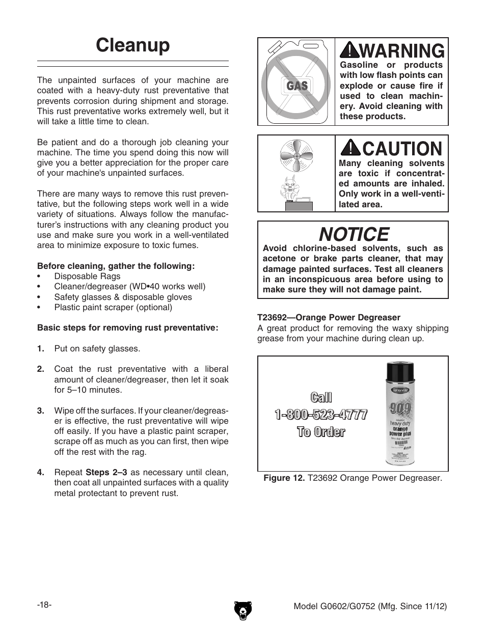 Notice, Cleanup | Grizzly 10" x 22" Benchtop Lathe G0602 User Manual | Page 20 / 96