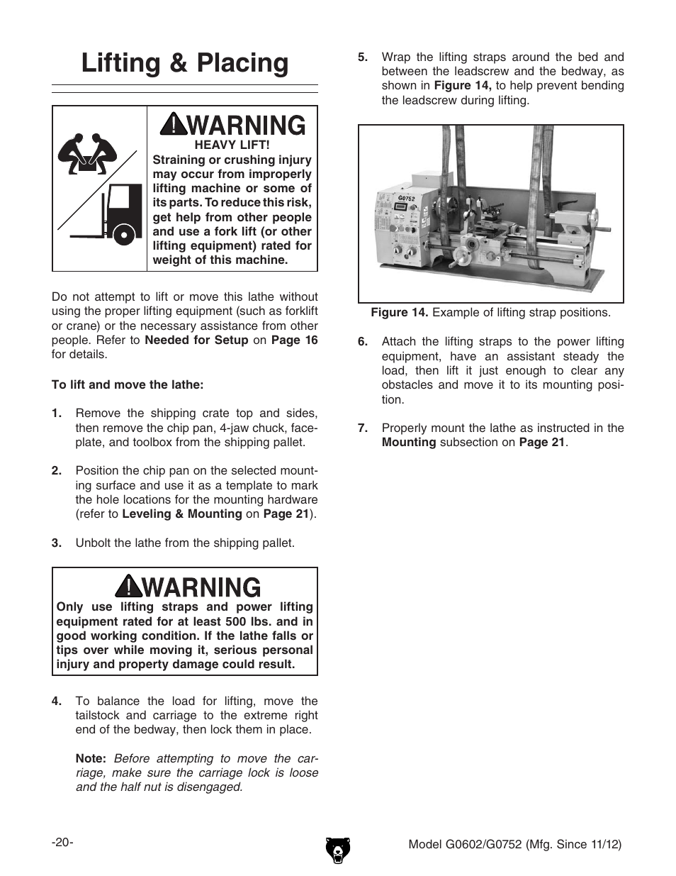Lifting & placing | Grizzly 10" x 22" Benchtop Lathe G0602 User Manual | Page 22 / 96