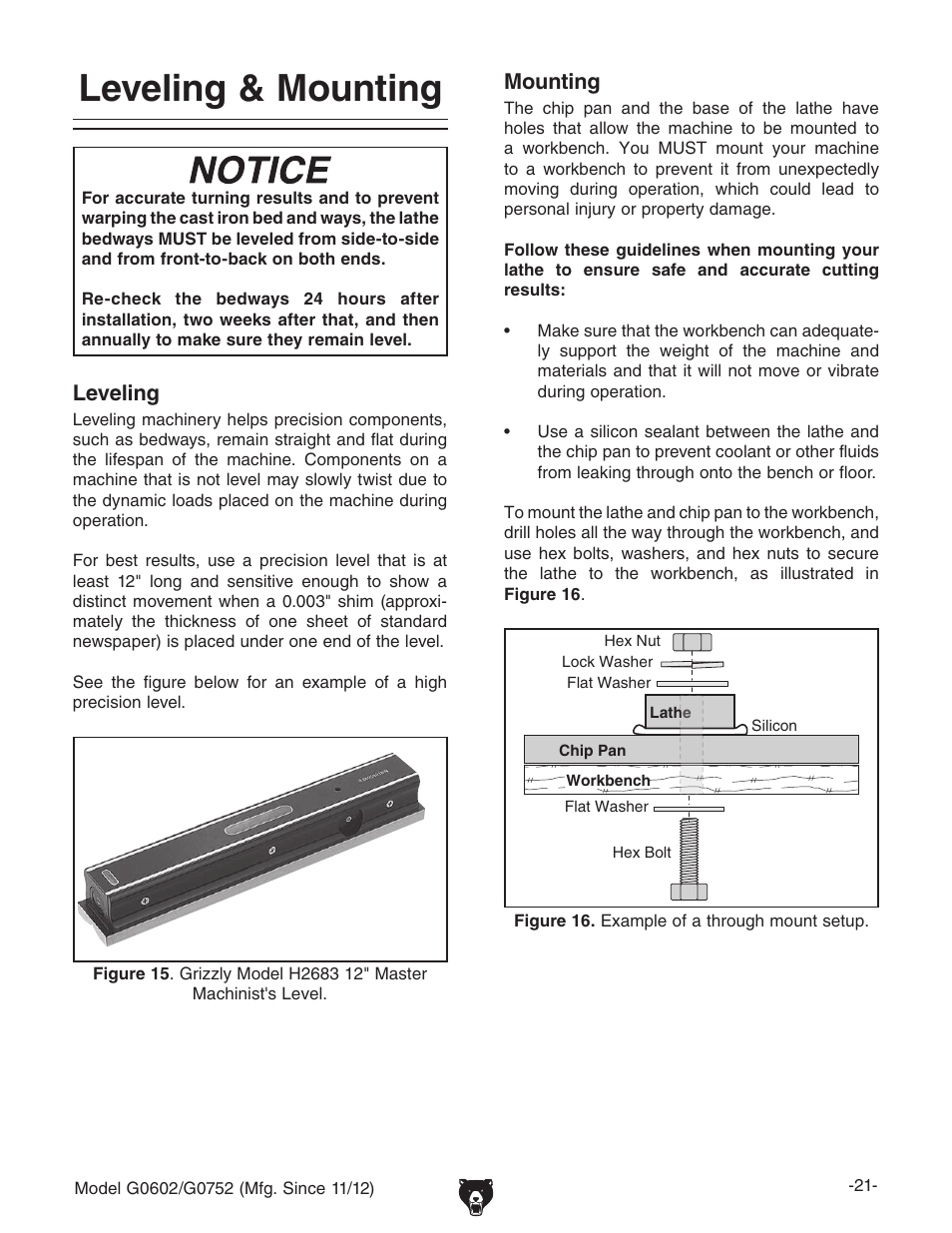 Leveling & mounting, Leveling mounting | Grizzly 10" x 22" Benchtop Lathe G0602 User Manual | Page 23 / 96