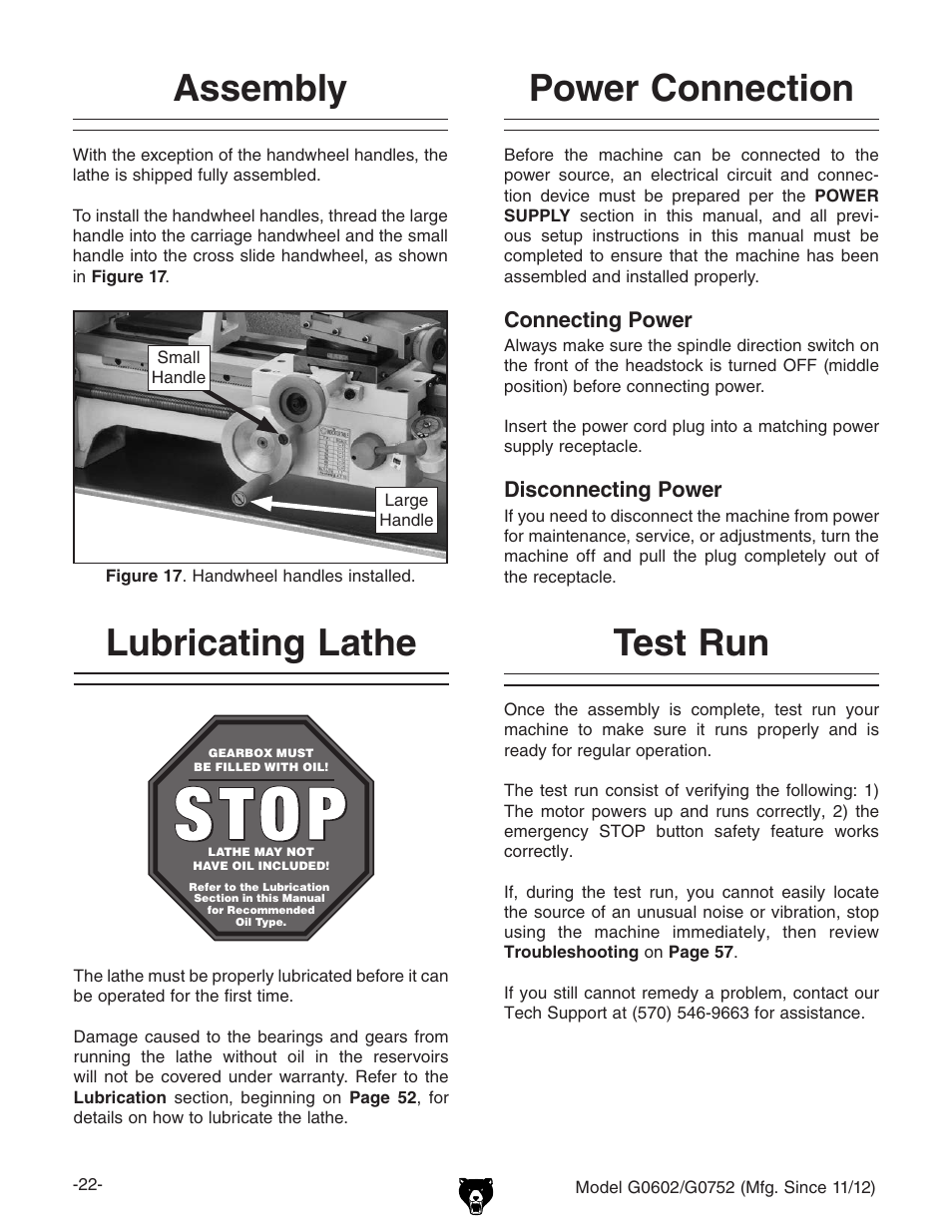 Power connection, Lubricating lathe, Assembly | Test run | Grizzly 10" x 22" Benchtop Lathe G0602 User Manual | Page 24 / 96