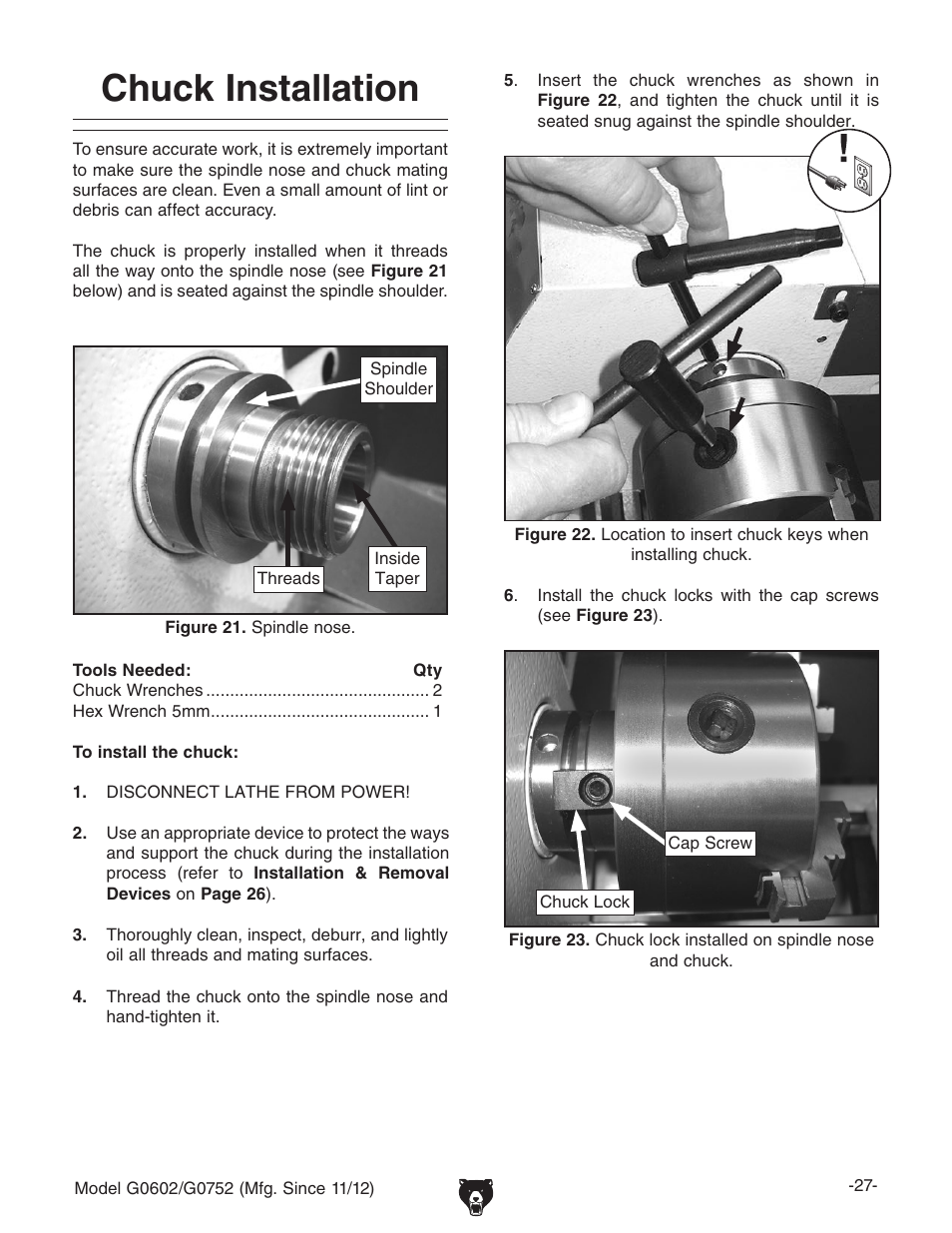 Chuck installation | Grizzly 10" x 22" Benchtop Lathe G0602 User Manual | Page 29 / 96